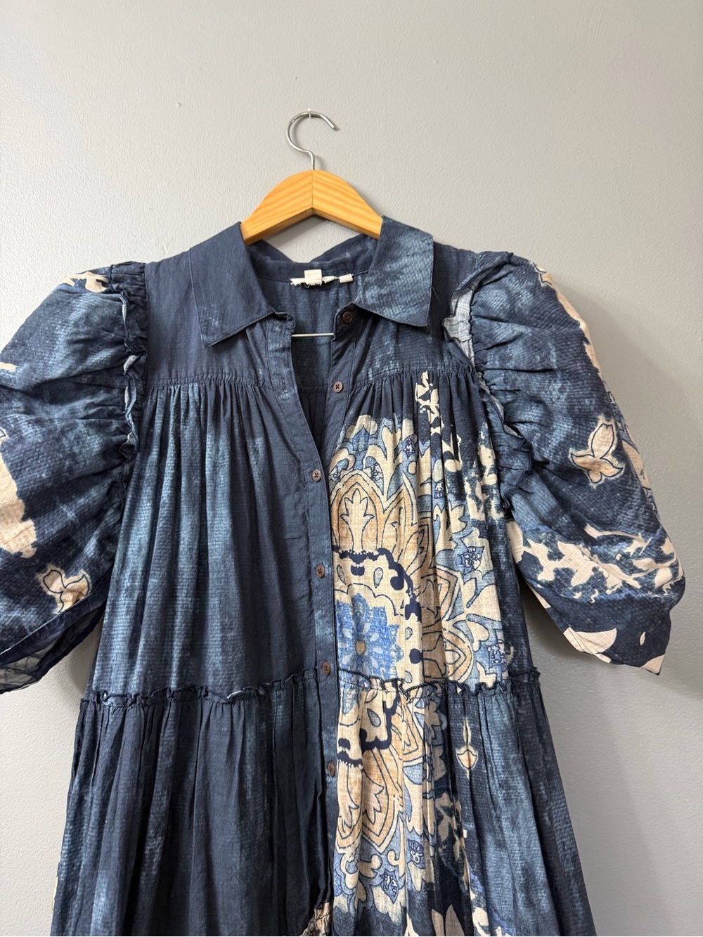 Anthropologie Let Me Be Puff-Sleeve Patchwork Cotton Midi Shirt Dress Large - Picture 4 of 13